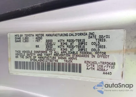 2001 Toyota Tacoma из США, поврежденный, VIN 5TENL42N01Z792746